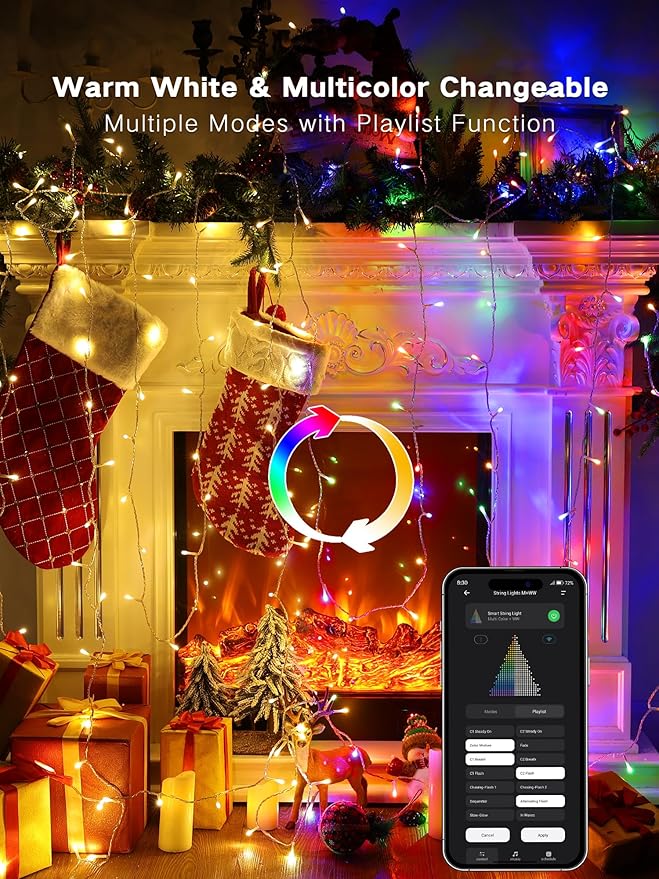 BrizLabs Smart Christmas Lights, 115FT 300 LED Fairy String Lights with App/Voice Control, Warm White & Multicolor Color Changing Christmas Tree Light Dimmable Xmas Light for Outdoor Indoor Xmas Decor