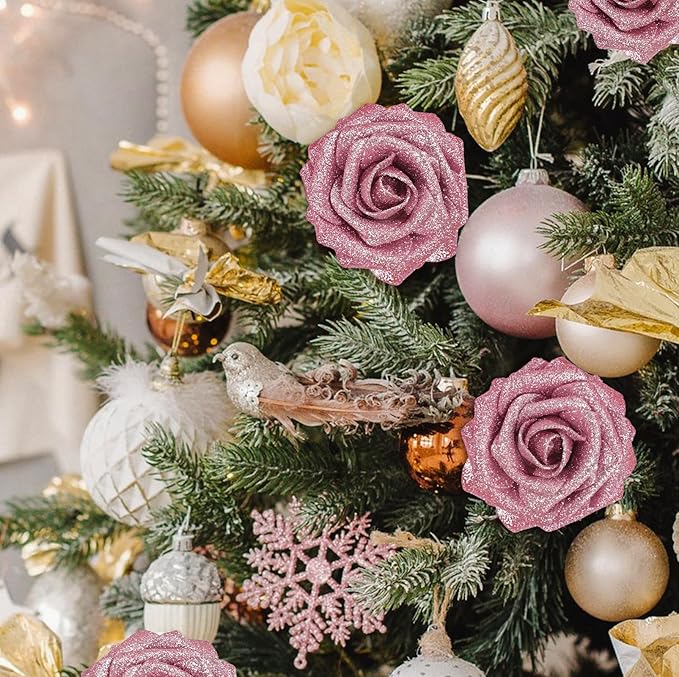 MACTING 30PCS Mothers Day Pink Artificial Flowers Glitter Fake Flowers with Stem Real Touch Foam Roses for DIY Wedding Bouquet Table Centerpieces Party Wreath Home Spring Decorations