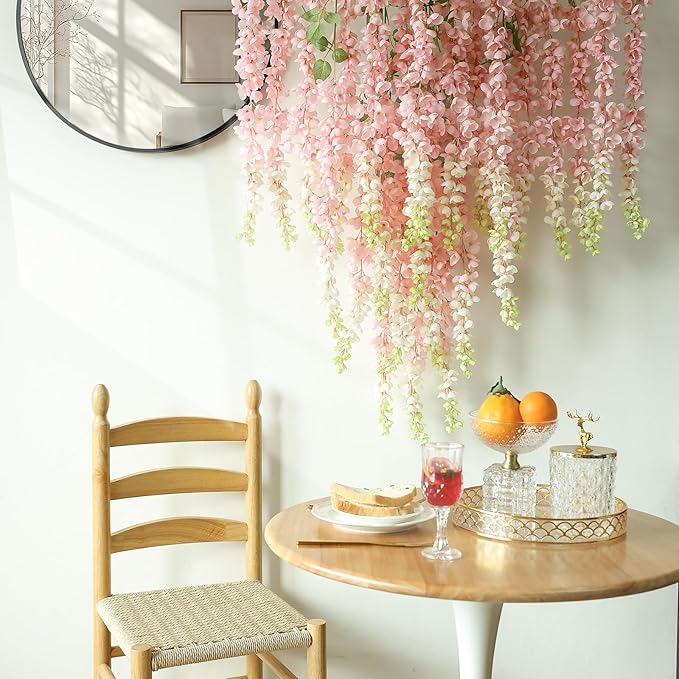 mizii 6Pcs Pink Wisteria Hanging Flowers 48" Silk Wisteria Artificial Flowers Garland Vines Fake Hanging Flowers Decoration for Wedding Flower Wall Backdrop Centerpieces Party Room Decor (Pink)