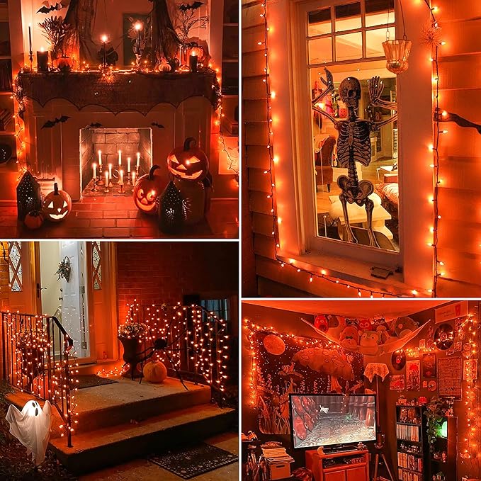 Orange Halloween Tree Lights with Green Wire,13ft 50 Incandescent Bulb Waterproof Fairy Lights，Plug in Mini String Lights for Christmas, Patio, Holiday, Party, Home, Indoor Outdoor Decor