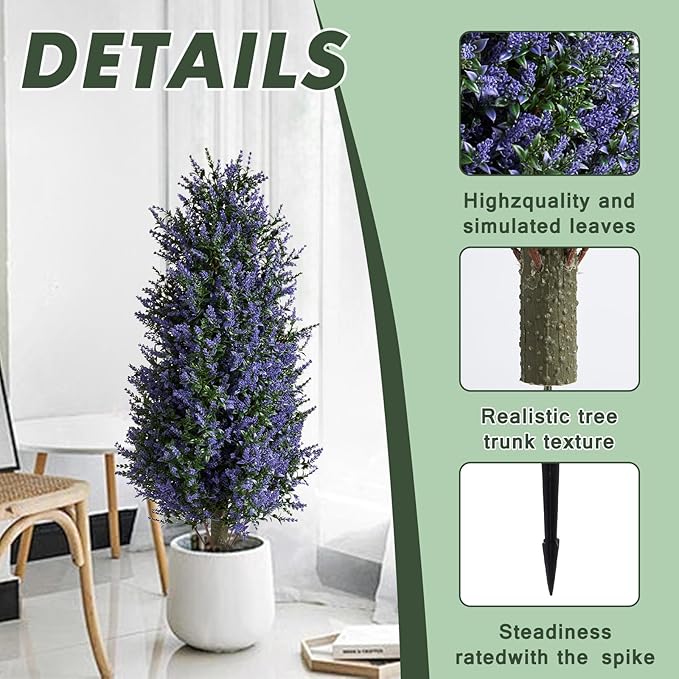 MGWILL 3FT Artificial Lavender Topiary Tree, Set of 2 Artificial Shrubs Fake Bushes with Spike, Faux Lavender Plants for Porch, Artificial Plants for Outdoor Planters Indoor UV Resistant
