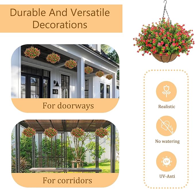 Artificial Hanging Flowers Basket for Outdoor, 16 Fake Flowers Look Real UV Resistant, Faux Hanging Plants for Porch, Balcony, Patio, Garden, Spring Summer Decor,Red