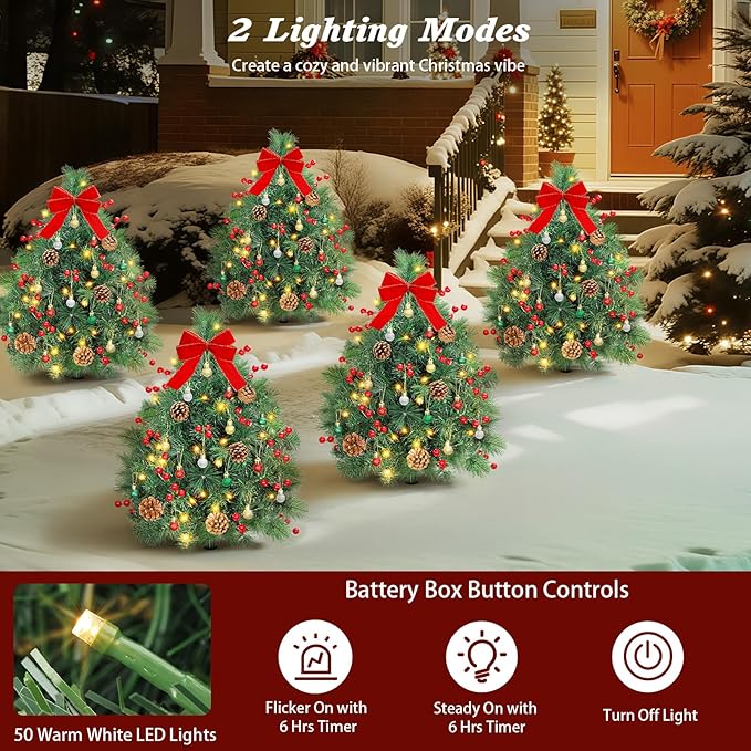 Lewondr Set of 2 Prelit Pathway Christmas Trees, 27.56" Outdoor Christmas Tree with 50 LED Lights, Pine Cones Red Berries, Battery Operated Outdoor Xmas Decor for Yard Home Porch, Green