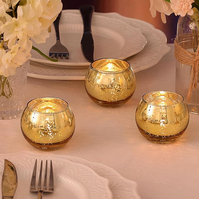LAMORGIFT 24 Pcs Gold Votive Candle Holders -Gold Mercury Glass Candle Holders, Diwali Decorations for Home, Wedding Centerpieces for Tables, Christmas Tea Light Holders