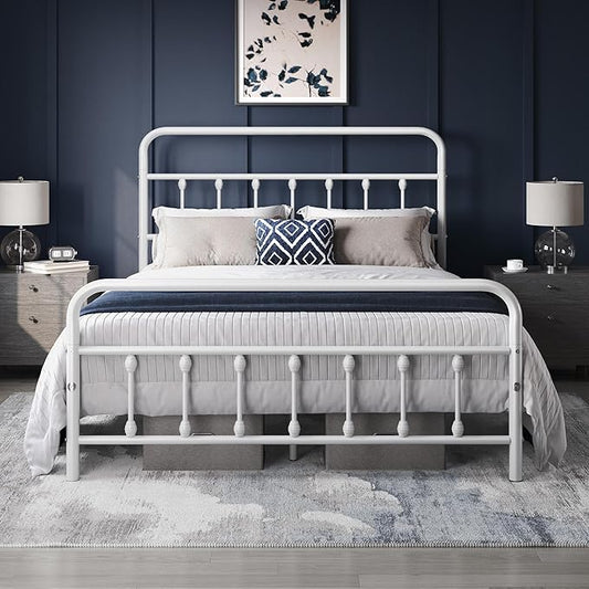 Yaheetech Classic Metal Platform Bed Frame Mattress Foundation with Victorian Style Iron-Art Headboard/Footboard/Under Bed Storage/No Box Spring Needed/Full Size White