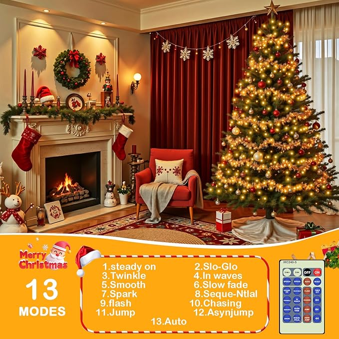Decute 300Led 99FT Copper Wire Christmas Fairy String Lights Dimmable with Remote Control Starry Lights with UL Cerficated Decorative for Party Wedding Bedroom Yard Christmas Tree Warm White