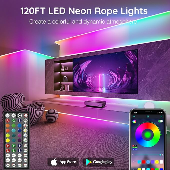 SINLEY Led Neon Rope Lights 120FT,Control with App/Remote,Flexible Led Rope Lights,Multiple Modes,IP68 Outdoor RGB Neon Lights Waterproof,Music Sync Gaming Led Strip Lights for Bedroom Indoor
