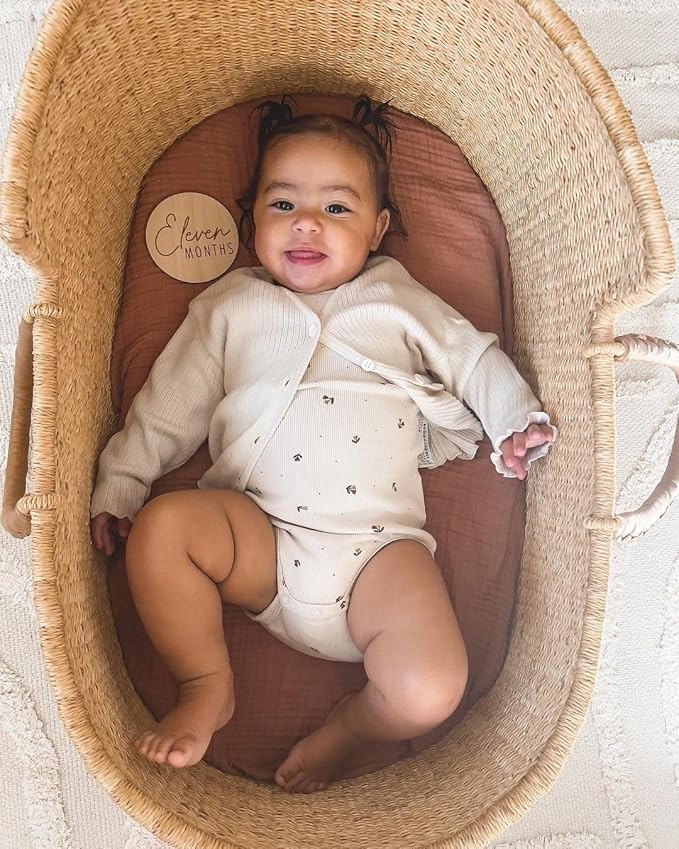 Bassinet Sheet for Baby Boy and Girl 2 Pack, Fitted Sheets for Rectangle, Oval, Hourglass Bassinet Mattress, Muslin Moses Basket Sheets with Neutral Style (Beige & Rainbow)