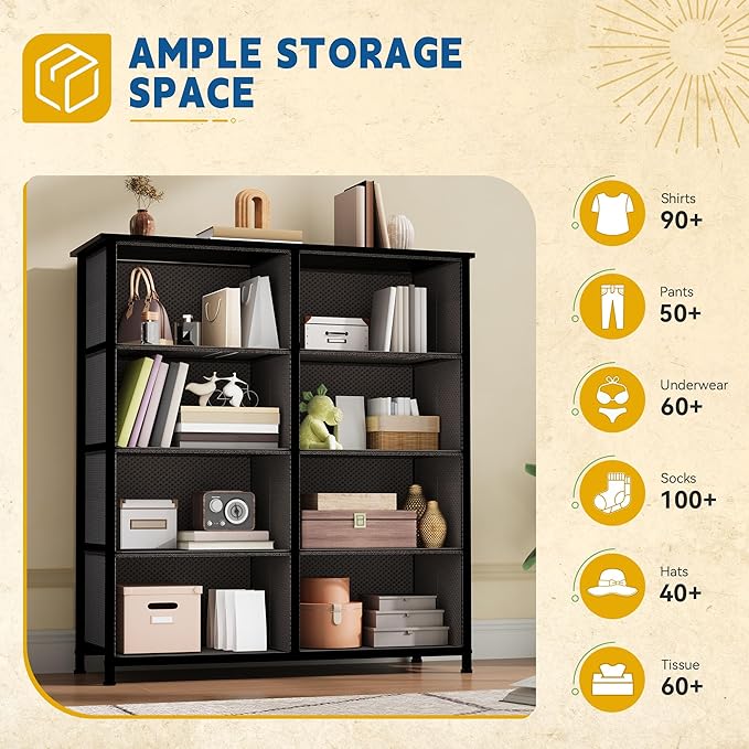 DWVO Fabric Dresser for Room, Tall Storage 8 Drawers, Black Dresser & Chest of Drawers, Storage Drawer Organizer for Closet, Living Room