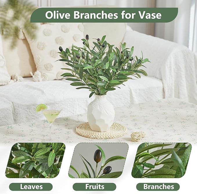 10 PCS 18 Inch Olive Tree Branches Greenery Stems Artificial Plants Faux Olive Branch for Vase Realistic Green Stem Home Decor Indoor