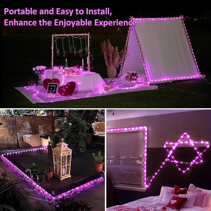 JMEXSUSS 2 Pack Pink Battery Operated Lights Outdoor Waterproof, Each 33ft 100 LED Rope Lights Battery Powered String Lights, 8 Modes Pink Fairy Lights for Valentines Party Garden Decoration