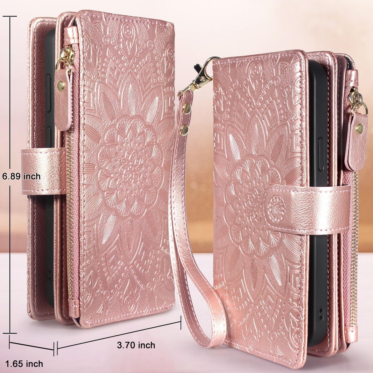Harryshell Wallet Case for iPhone 13 Pro Max 6.7 inch 5G 2021, Detachable Magnetic Cover, Floral Flower, Rose Gold