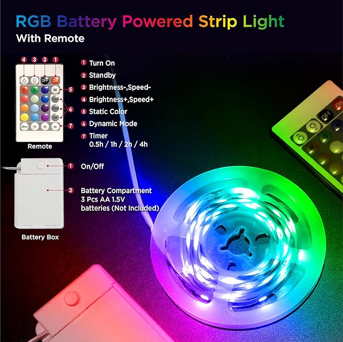 Battery Powered LED Strip Lights with Timer, 6.56 ft RGB DIY Lights with Remote Control for Bedroom, TV, Party, Piano, Cabinet, Decor, Indoor Use
