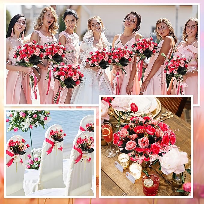 Hotop 12 Bunches of Artificial Flowers Centerpiece 13 Inches Silk Faux Roses Bouquets for Table Decoration Realistic Bouquet Arrangement Boho Faux Flowers for Wedding (Rose Red)
