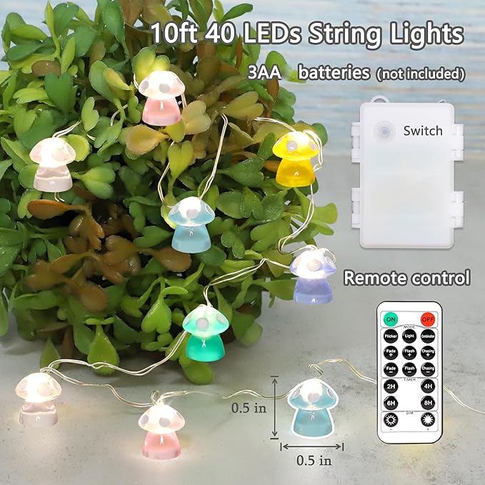 Impress Life Mushroom String Lights, 10FT 40LEDs Battery Operated or USB Powered Fairy Lights, Cute Mushroom Gifts for Indoor Outdoor Garden Party Wedding Decor