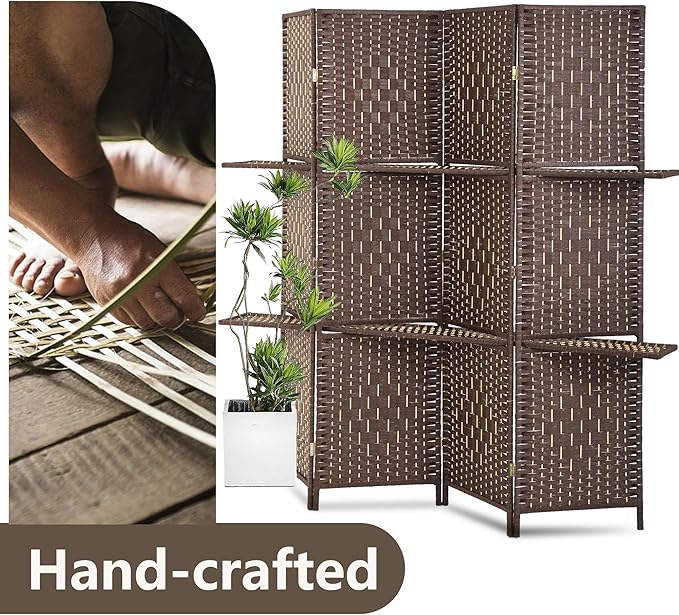 FDW Room Divider 4 Panel Wooden Screen Folding Portable Partition Screens Wood with Removable Storage Shelves Color, Dark Brown