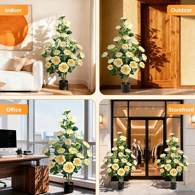 Faux Outdoor Plants 2 Pcs - 39’’ Artificial Camellia Tree Potted with Yellow Flowers, Artificial Plants Outdoor Porch Front Door Garden Indoor Office Home Wedding Decor Housewarming Gift