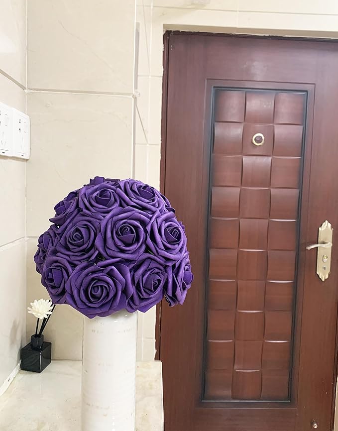 Dark Purple Artificial Roses 50 PCS Flowers with Stem, Fake Rose Heads Bouquets for DIY Wedding Decorations Centerpieces Arrangements Party Home Garden Porch Window Decor
