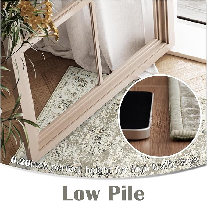 jinchan Hallway Runner Rug 3x10 Washable Runner - Vintage Floral Non Slip Low-Pile Soft Thin Faux Wool Kitchen Rug Distressed Carpet for Farmhouse Bedroom Laundry Room(3x10ft,Taupe)