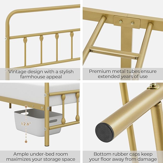 Yaheetech Classic Metal Platform Bed Frame Mattress Foundation with Victorian Style Iron-Art Headboard/Footboard/Under Bed Storage/No Box Spring Needed/Queen Size Antique Gold