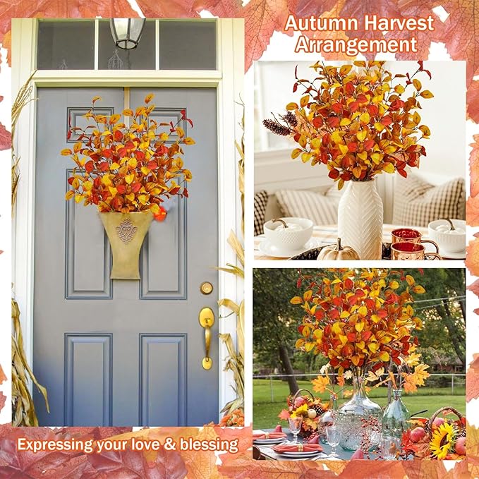 16pcs Artificial Fall Leaves Stems, 27" Fall Flowers Eucalyptus Leaves Branches Faux Fall Leaf Spray Fall Decorations for Home Floral Arrangement Autumn Table Centerpiece