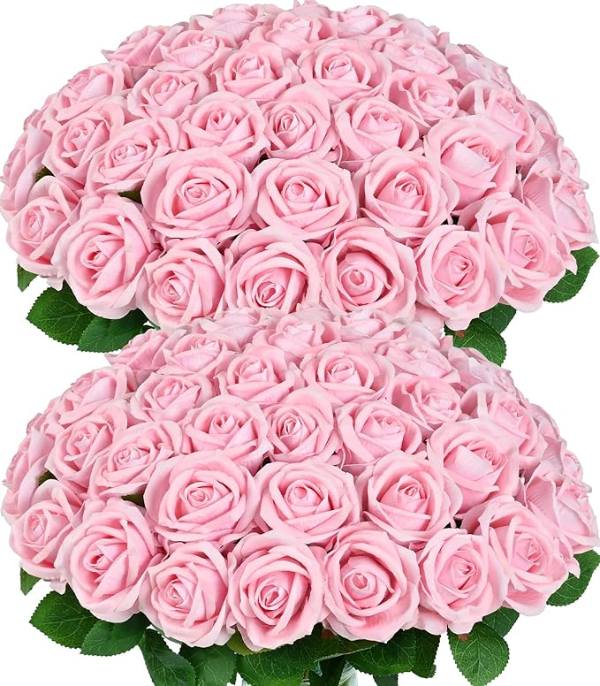BLEUM CADE 50 Pcs Pink Roses Artificial Flowers, Real Touch Velvet Roses Fake Flowers Bulk, Artificial Roses Bouquet with Long Stems Bridal DIY Wedding Party Centerpiece Decorations