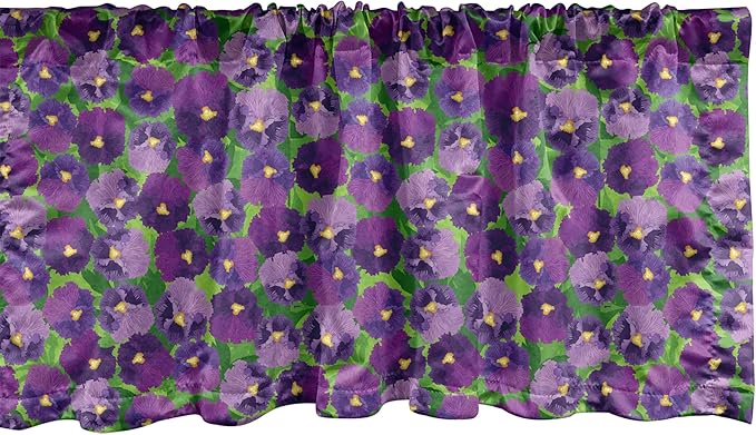 Ambesonne Botanical Window Valance Pack of 2, Green Field Full of Burgeoning Pansy Inflorescence Garden Flourish Bedding Plants, Rod Pocket Curtain Valances for Kitchen Bedroom, 54" X 18", Purple