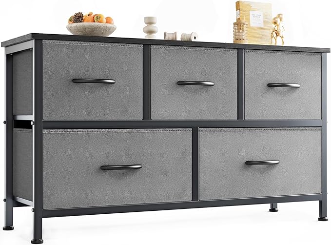 OLIXIS Dresser for Bedroom with 5 Drawers, Wide Chest of Drawers, Fabric Bedroom Dresser with Drawer Organizers, Storage Organizer Unit with Fabric Bins for Closet, Living Room, Hallway, Grey