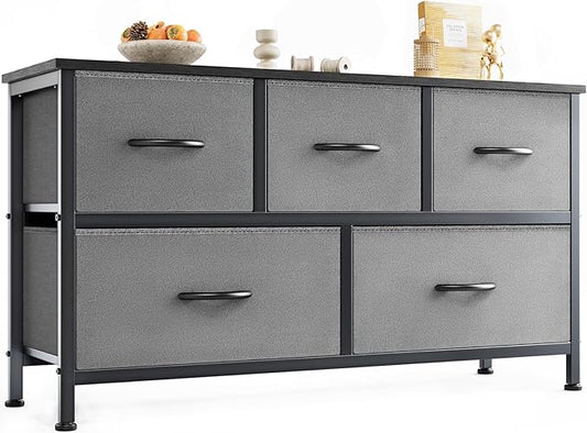 OLIXIS Dresser for Bedroom with 5 Drawers, Wide Chest of Drawers, Fabric Bedroom Dresser with Drawer Organizers, Storage Organizer Unit with Fabric Bins for Closet, Living Room, Hallway, Grey