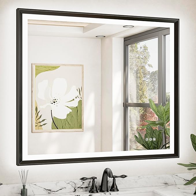 TETOTE Black LED Bathroom Mirror with Lights 42x36 Front & Back Light Vanity Framed Mirror Baroque Anti Fog Dimmable White/Warm/Natural,CRI90+,Waterproof,Wall Mounted(Horizontal/Vertical)