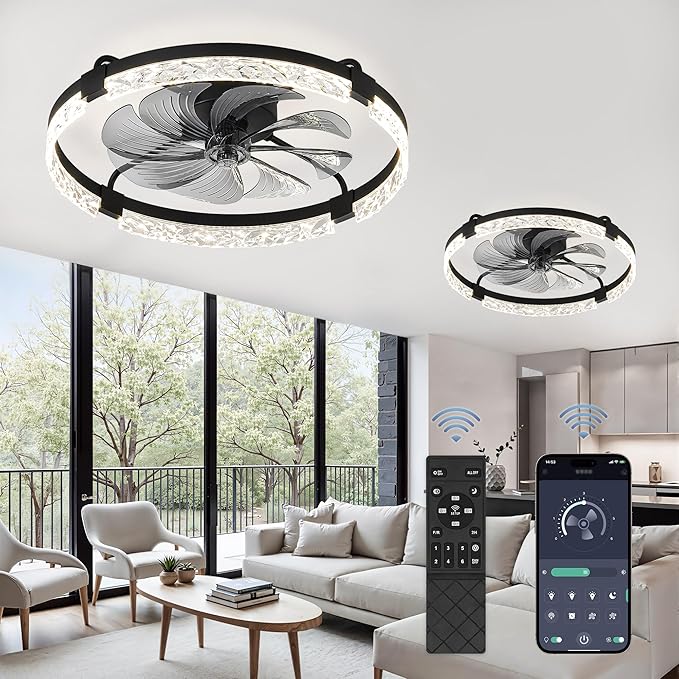 LEDIARY 2 Pack 24 Inch Modern Ceiling Fans with Lights and Remote, Dimmable Flush Mount Ceiling Fan, Black Low Profile Ceiling Fan with 3 CCT and 6 Speeds