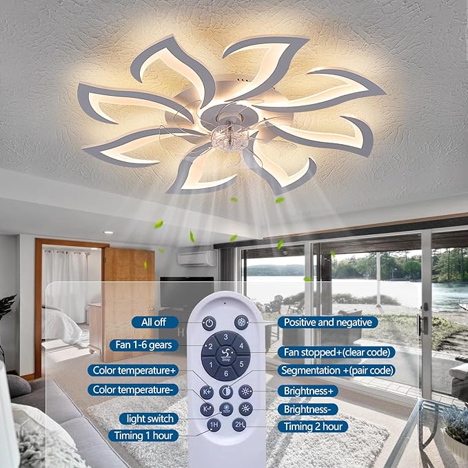 Modern Ceiling Fan with Lights Remote Control, 32" White 6 Speeds 3 Light Color Low Profile Flush Mount Ceiling Fan for Kitchen Bedroom