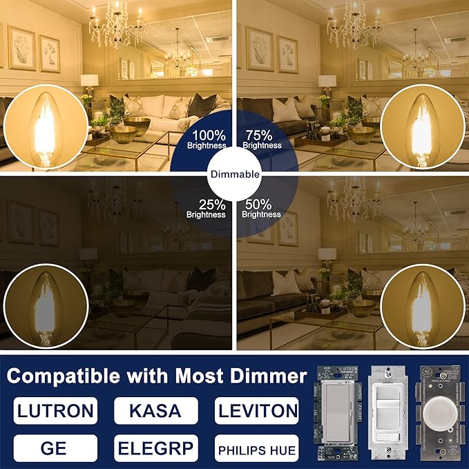 Honesorn Dimmable E12 Candelabra Led Light Bulbs, 2700k 60-Watt Equivalent Type B Chandelier Light Bulb for Ceiling Fan, Soft White C35 B11 Candle led for Candelabra Base 6 Pack