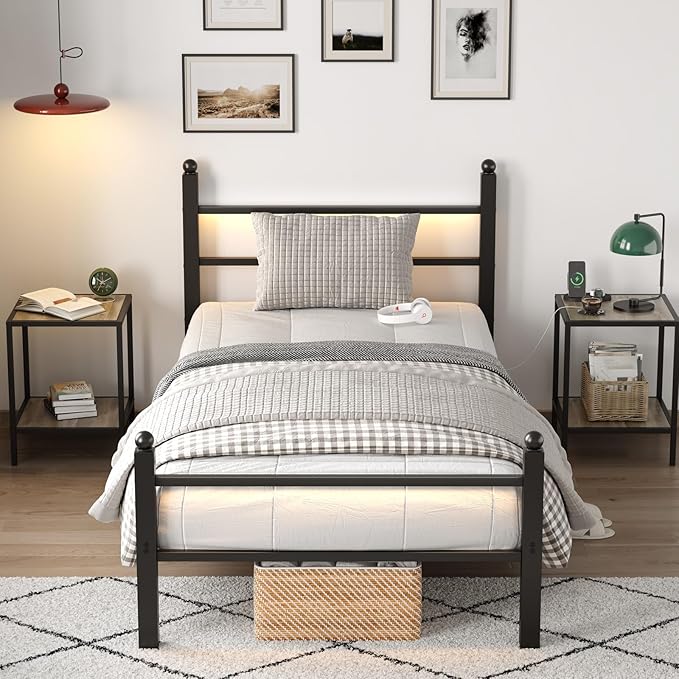 Twin Bed Frame with Headboard and Footboard, Metal Bed Frame with Charging Station and LED Lights, Under Bed Storage, No Box Spring Needed,Noise Free, Black