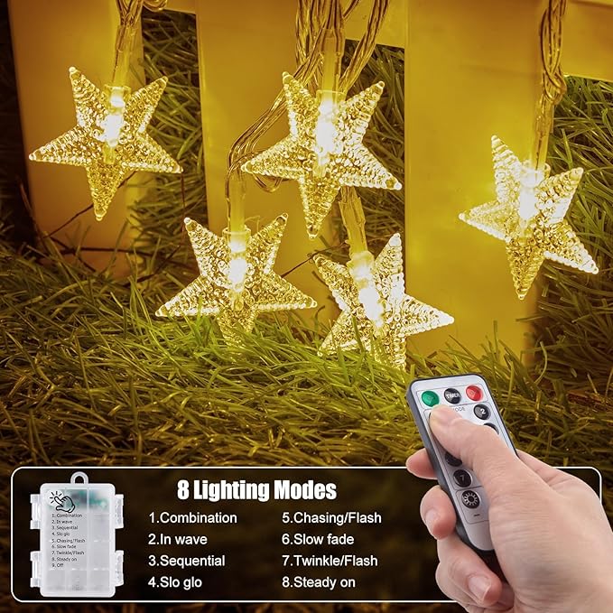 Brightown Star String Lights - 2 Pack Total 33ft 100 LED Star Fairy Lights Battery Operated with Remote for Indoor Outdoor, Twinkle Fairy Christmas Light for Bedroom Wedding Party Decor, Warm White
