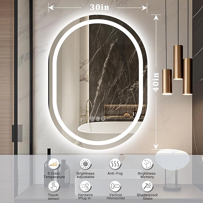 Oval LED Bathroom Mirror with Light 40" x 30", Oval Lighted Mirror for Bathroom,Pill-Shaped Frameless Oval Bathroom Mirror with Light,3 Color,Dimmable,Anti-Fog(Horizontal/Vertical)