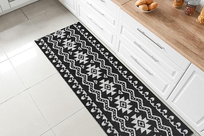 Custom Length Cut to Size Tribal Ethnic Southwestern Inspired Hallway Runner Rug, Non Slip Rubber Backed, 31 inch Wide X Customized Length, Aztec Black, 31 inch X 6 feet
