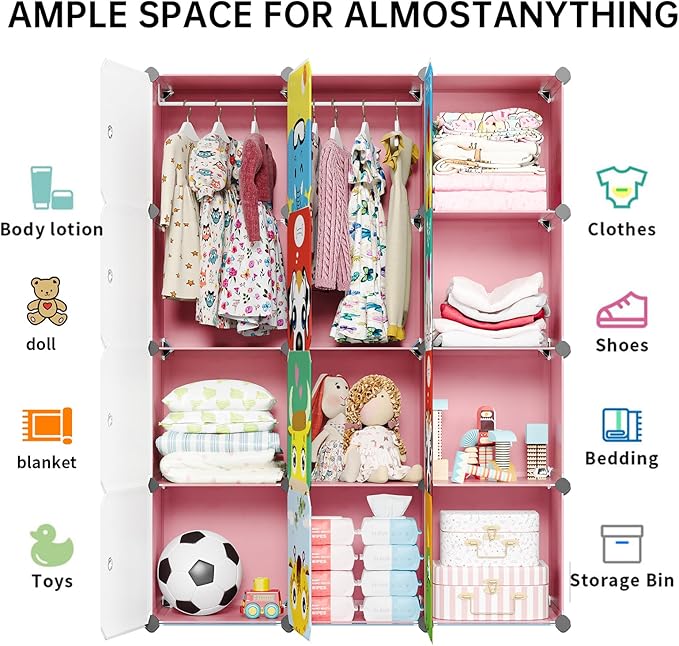 MAGINELS Children Wardrobe Kid Dresser Cute Baby Portable Closet Bedroom Armoire Clothes Hanging Storage Rack Cube Organizer,(Pink, 8 Cube & 2 Rod)