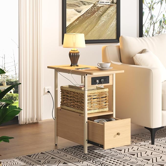 LIDYUK End Table with Charging Station, Narrow Side Table with Drawer and USB Ports & Power Outlets, Nightstand Bedside Tables for Small Spaces, Bedroom, Living Room, Natural