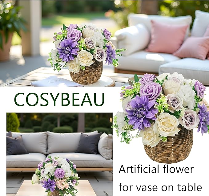 Artificial Fake Flowers 27pcs Roses, Mixed White & Purple Faux Flower for DIY Wedding Bouquet Bridal Shower Centerpieces Floral Arrangements Party Table Home Decorations