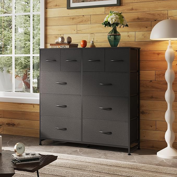 WLIVE Dresser for Bedroom with 10 Fabric Drawers, Tall Chest Organizer Units for Clothing, Closet, Storage Tower with Cabinet, Metal Frame, Wooden Top, Black Dresser for Living Room