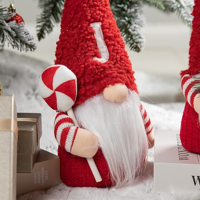 Glitzhome 3 Pack Joy Gnome Christmas Decorations, Fabric Handmade Plush Gnomes Santa Ornaments for Tabletop Home Holiday Decor