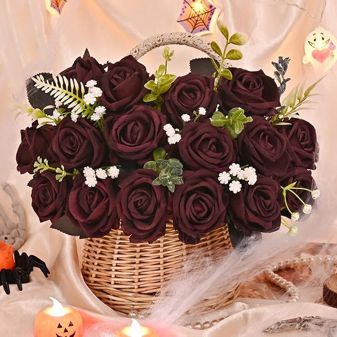 BLEUM CADE 50 Pcs Black Roses Artificial Flowers, Real Touch Velvet Roses Fake Flowers Bulk, Artificial Roses Bouquet with Long Stems for DIY Table Centerpiece Halloween Decorations