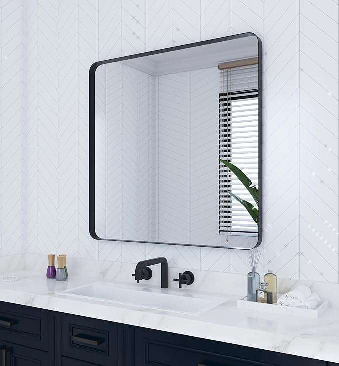 VocalStar Black Bathroom Mirror for Wall, 36 x 36 Inch Rounded Rectangle Metal Framed Bathroom Wall Vanity Mirror Farmhouse, 1/4-inch Shatterproof Glass | Ultra-Flush Hanging