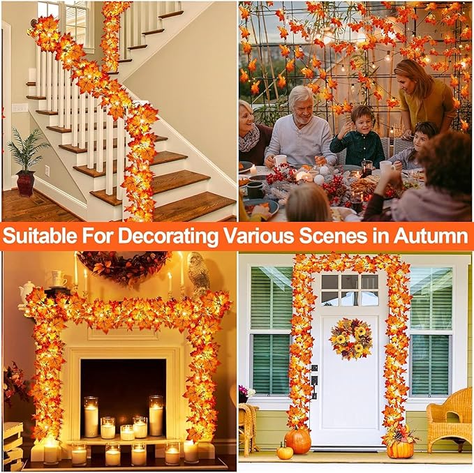 Timer & Thicker Leaves - 2 Pack Fall Garland with Lights Thanksgiving Fall Decorations for Home Total 80 Leaves 40LED 13Ft Battery Operated Lighted Thanksgiving Garland Home Indoor Outdoor Christmas