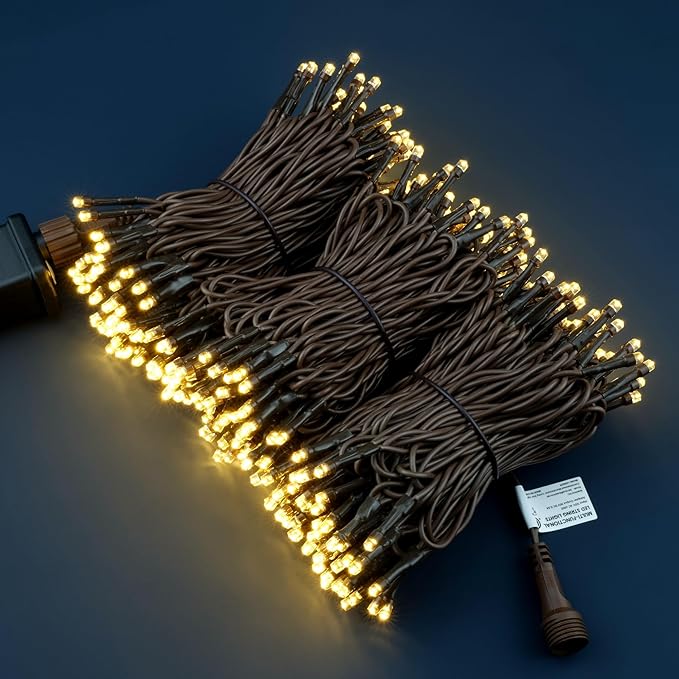 YULETIME 100 ft 300 Count Warm White LED String Lights with 8 Models Adapter, Brown Wire Wide Angle 5mm Christmas Lights (Warm White - Brown Wire)