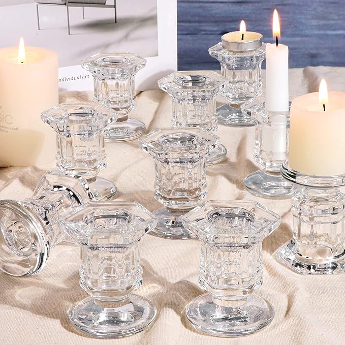 Candlestick Holders Bulk, 12 Pcs Glass Candle Holders Set Clear, Crystal Taper Candle Holder for Wedding, Table Centerpiece, Home Decoration