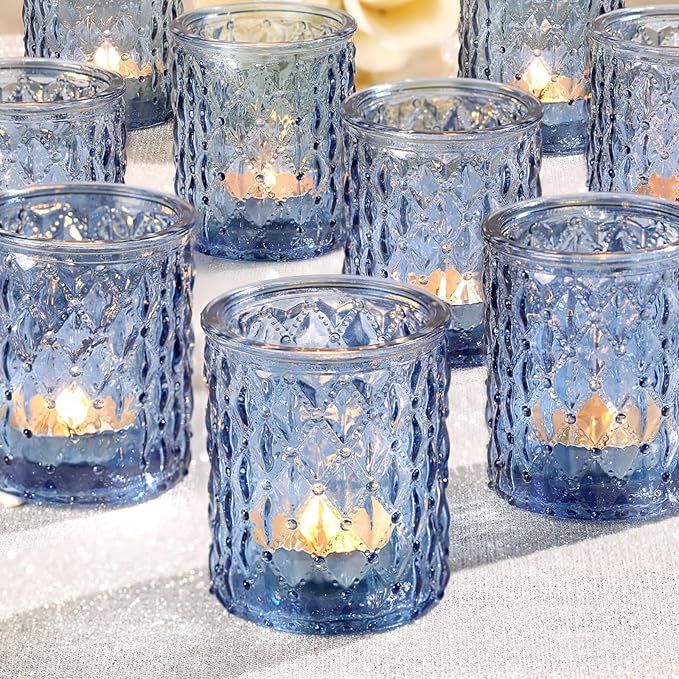 12pcs Blue Votive Candle Holders-Glass Candle Holder for Centerpiece Table Decorations, Tea Light Candle Holders for Wedding Decor, Home Decor, Baby Shower and Party Decor