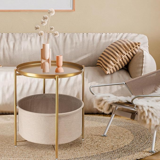 danpinera Round Side Table with Fabric Storage Basket, Metal Side Small Bedside Table Nightstand with Removable Tray Top for Living Room, Bedroom, Nursery, Bathroom, Gold