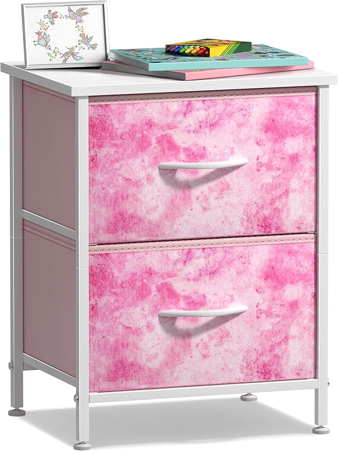Sorbus Nightstand with 2 Drawers - Kids Bedside Furniture End Table Night Stand - Steel Frame, Wood Top & Easy Pull Fabric Bins - Dresser & Chest for Home, Bedroom Accessories, Office & College Dorm